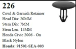 100 Pcs Cowl Garnish Retainer Fastener Clip Compatible With Honda 91501-SEA-003 New. Price: $23.75.